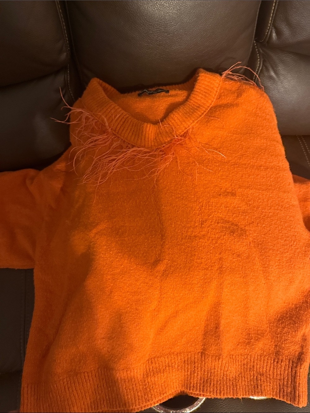 Bright Orange Feather Trim Crewneck Sweater